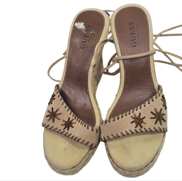 GUESS Wedge Espadrille Lace Up Sandals Proper Beaded Cream Beige Sz 7 - Picture 3 of 12